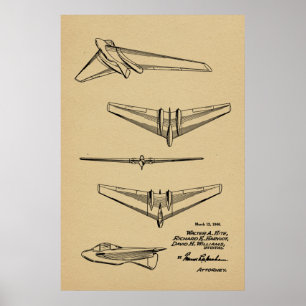 1946 Flying Wing Aeroplane Patent Art Drawing Poster