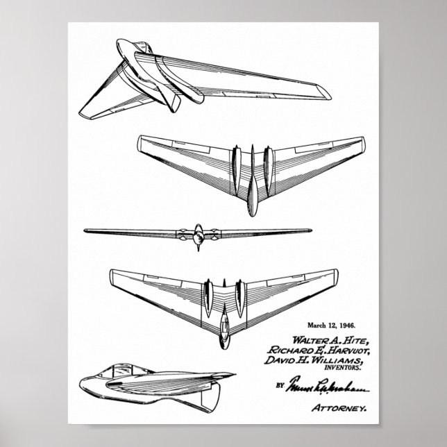 1946 Flying Wing Airplane Patent Art Drawing Print (Front)