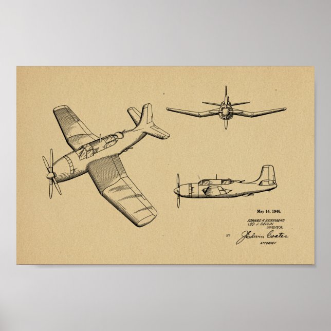 1946 Military Aeroplane Patent Art Drawing Print (Front)