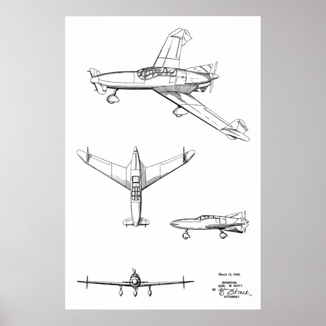 1946 Rear Prop Aeroplane Patent Art Drawing Print (Front)
