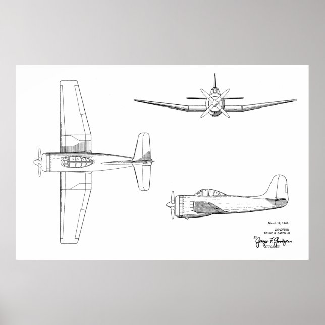 1946 Vintage Aeroplane Patent Art Drawing Print (Front)