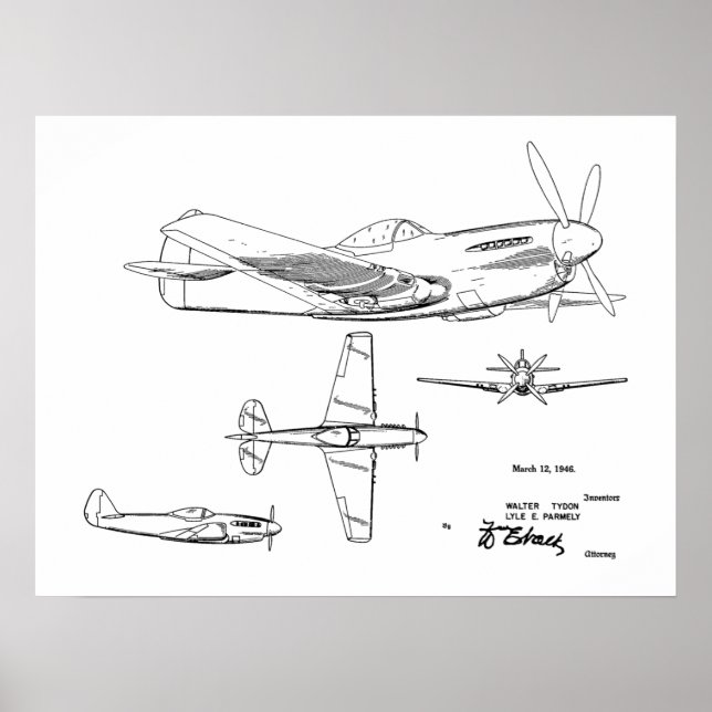 1946 WW2 Aeroplane Patent Art Drawing Print (Front)