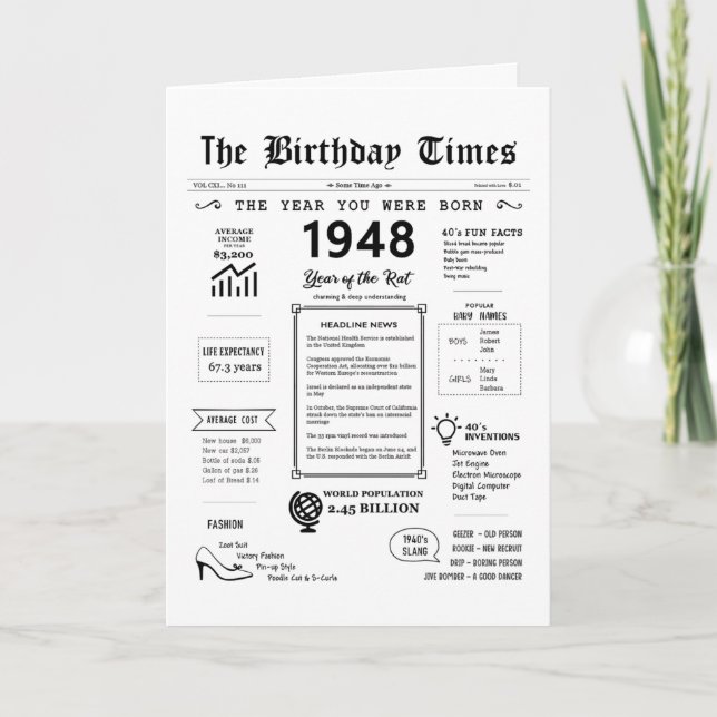 1948 Birthday Card: The Birthday Times Thank You Card (Front)
