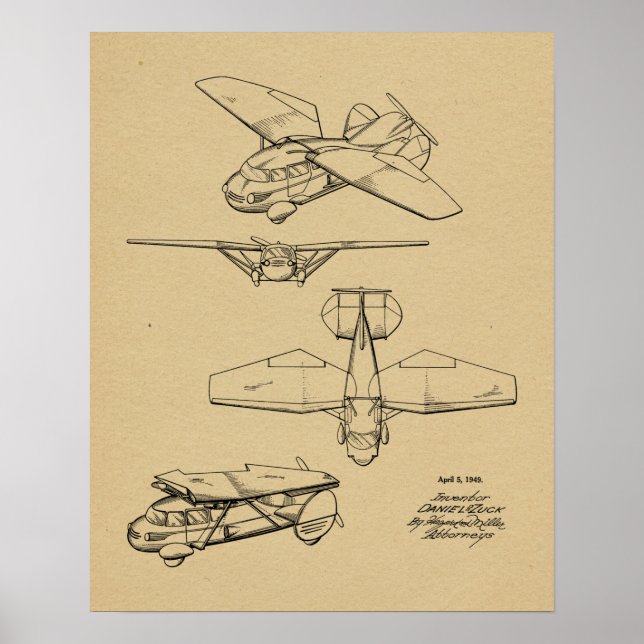 1949 Flying Car Aeroplane Patent Art Drawing Print (Front)