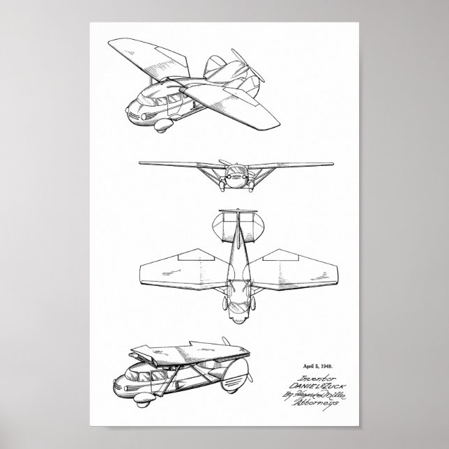 1949 Flying Car Aeroplane Patent Art Drawing Print (Front)