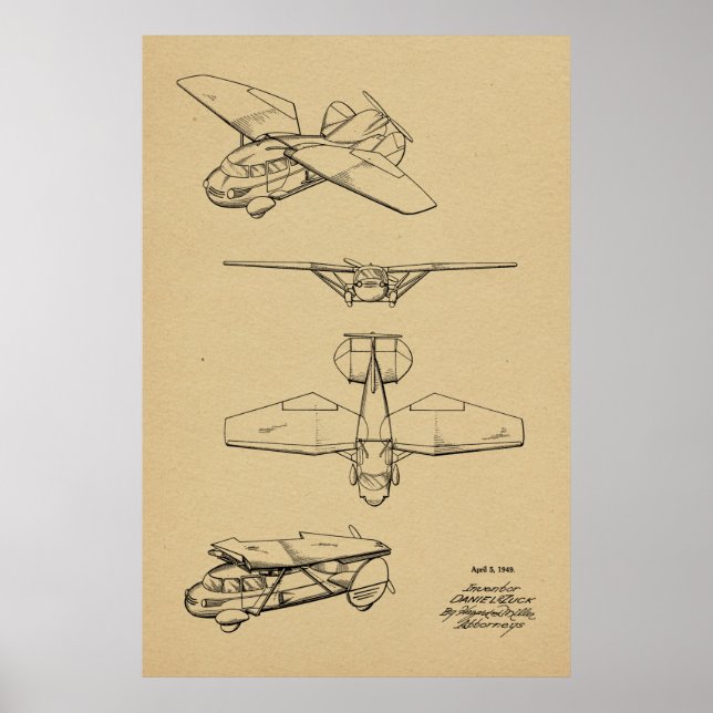 1949 Flying Car Aeroplane Patent Art Drawing Print (Front)