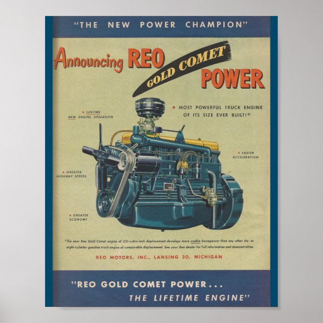 1949 REO Gold Comet Truck Engine MOTOR Ad Poster (Front)