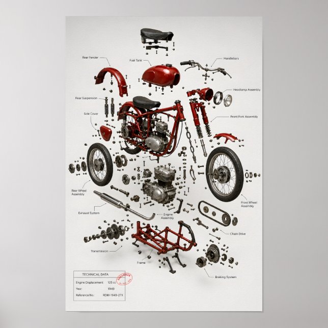 1949 Vintage Motorcycle Technical Exploded Print (Front)