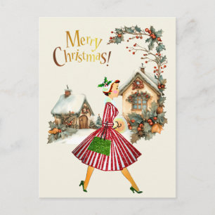 1950 Christmas Vintage Lady Holiday Postcard