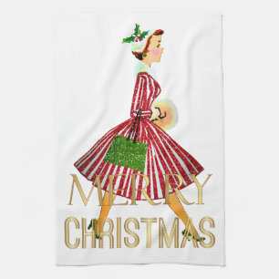 1950 Christmas Vintage Lady Merry Christmas Tea Towel
