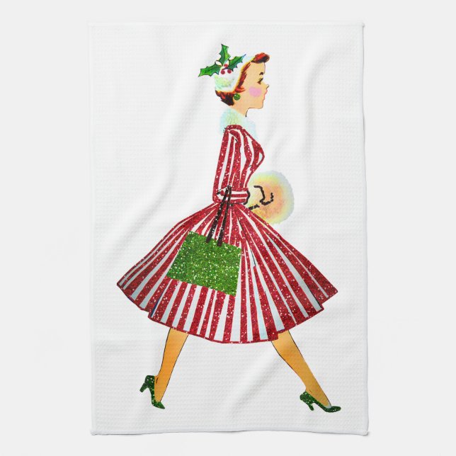 1950 Christmas Vintage Lady Merry Christmas Tea Towel (Vertical)
