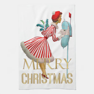 1950 Christmas Vintage Lady Merry Christmas Tea Towel