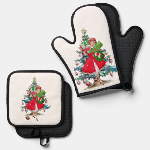 1950 Christmas Vintage Lady Oven Mitt & Pot Holder Set