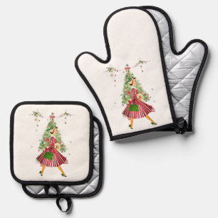 1950 Christmas Vintage Lady Oven Mitt & Pot Holder Set