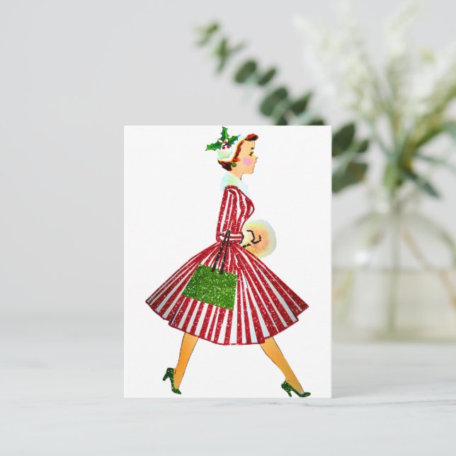 1950 Christmas Vintage Lady   Postcard (Standing Front)