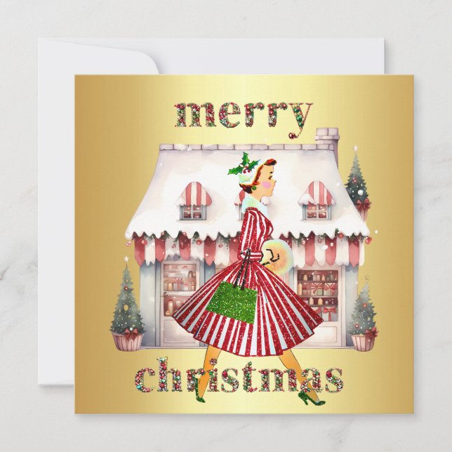 1950 Christmas Vintage Lady Shopping Holiday Card (Front)