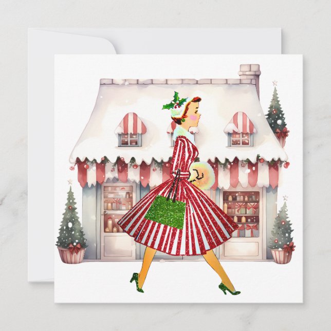 1950 Christmas Vintage Lady Shopping Holiday Card (Front)