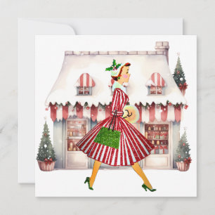 1950 Christmas Vintage Lady Shopping Holiday Card