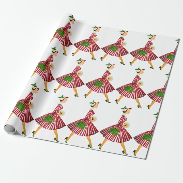 1950 Christmas Vintage Lady Wrapping Paper (Unrolled)
