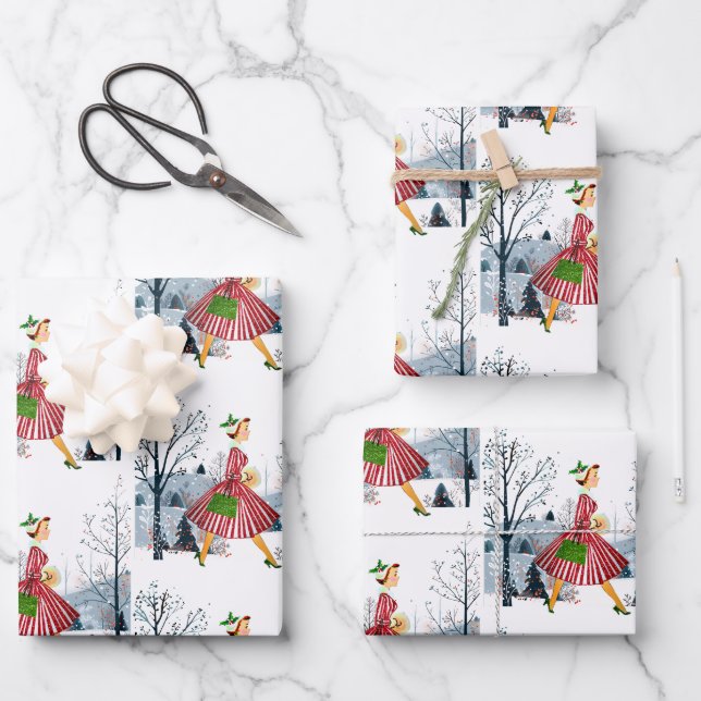 1950 Christmas Vintage Lady  Wrapping Paper Sheet (Front)