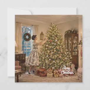 1950 Christmas Woman Decorating Christmas Tree Holiday Card