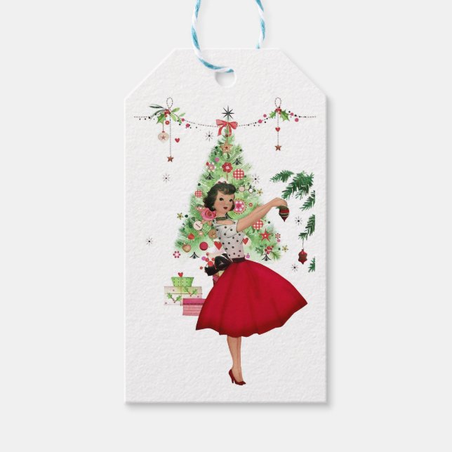 1950 Christmas Woman with Christmas Tree Gift Tags (Front)