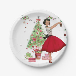 1950 Christmas Woman with Christmas Tree Paper Plate
