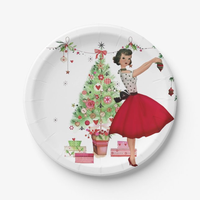 1950 Christmas Woman with Christmas Tree Paper Plate (Front)