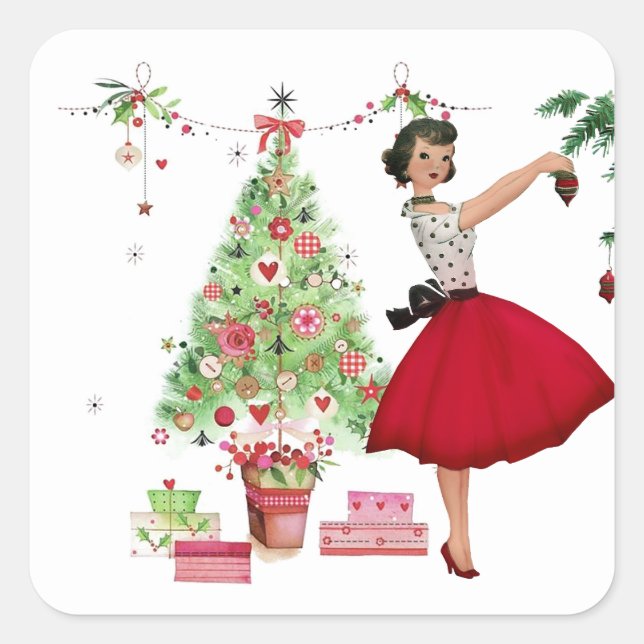 1950 Christmas Woman with Christmas Tree Square Sticker (Front)