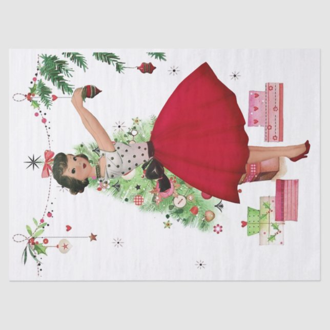 1950 Christmas Woman with Christmas Tree Tissue Paper (Front)