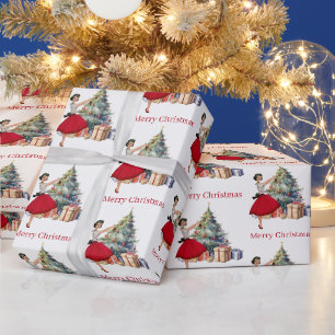 1950 Christmas Woman with Christmas Tree Wrapping Paper