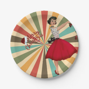 1950 Christmas Woman with Retro Background Paper Plate