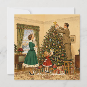 1950 Family Decorating Xmas Tree Merry Christmas Holiday Card