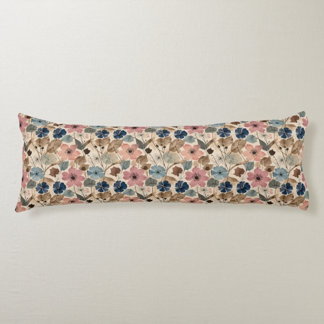 1950 Flowers in Dusty Pink, Blue Body Cushion (Front)