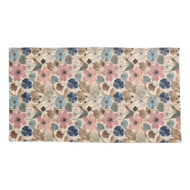 1950 Flowers in Dusty Pink, Blue Pillowcase (Back)
