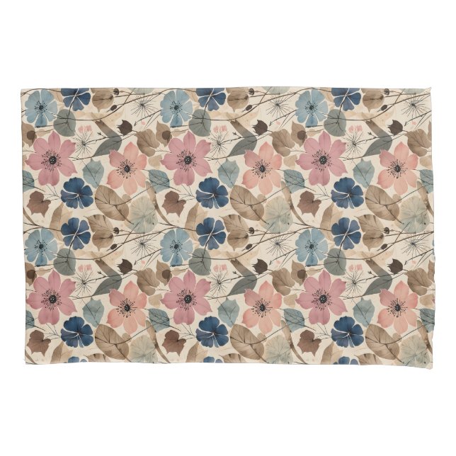 1950 Flowers in Dusty Pink, Blue Pillowcase (Front)