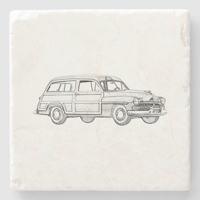 1950 Mercury Woodie Station Wagon Drawing Stone Coaster (Front)