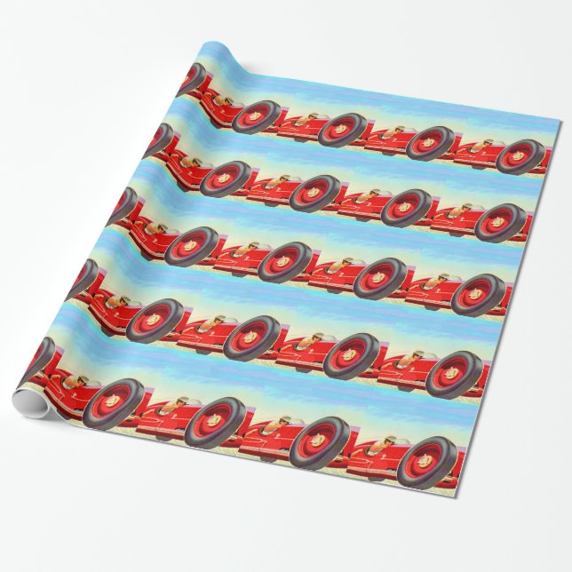 1950 red racing car wrapping paper (Unrolled)