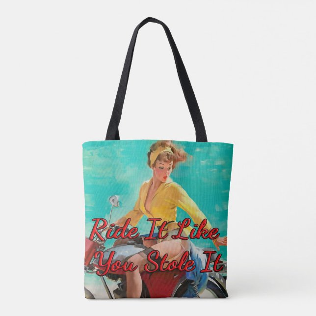 1950’s Motorcycle Girl by Gil Elvgren Tote Bag (Back)