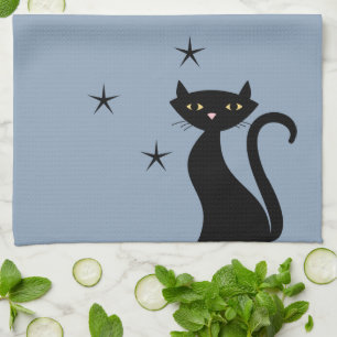 1950-style Black Cat, blue Tea Towel