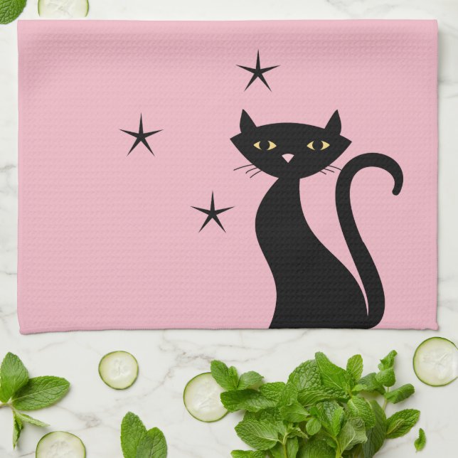 1950-style Black Cat, pink Tea Towel (Folded)