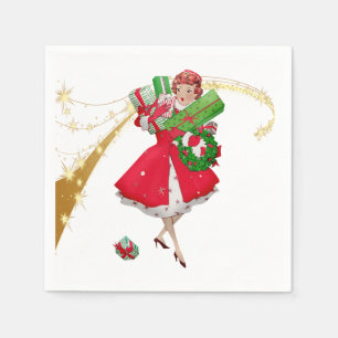 1950 Vintage Christmas lady bearing gifts Napkin