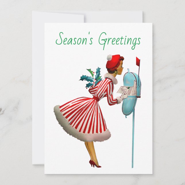 1950 Vintage Christmas Lady Season's Greetings Holiday Card (Front)