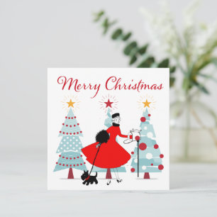 1950 Vintage Christmas Lady with Dog   Holiday Card