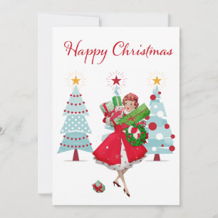 1950 Vintage Christmas Lady with Presents Holiday Card