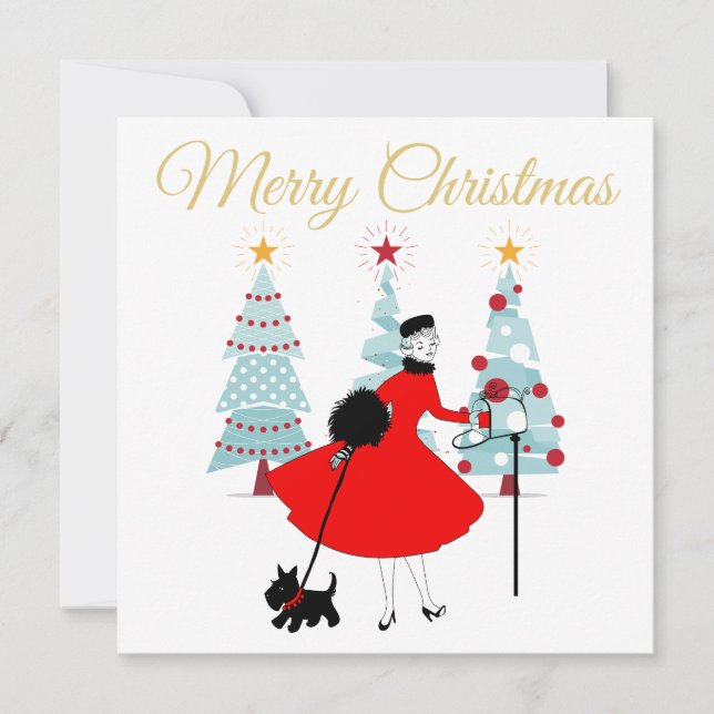 1950 Vintage Christmas Lady with Scottish Terrior  Card (Front)