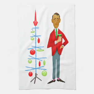 1950 Vintage Christmas man with Christmas tree Tea Towel