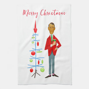 1950 Vintage Christmas man with martini glass Tea Towel