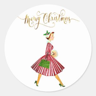 1950 Vintage Christmas woman Merry Christmas Classic Round Sticker