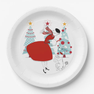 1950 Vintage Christmas woman with dog Paper Plate